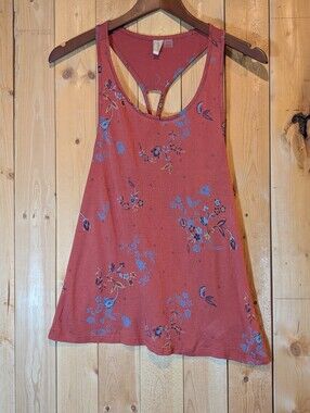 Roxy Floral Racerback Tank Top Dusty Rose Pink Blue Strappy Back Summer Size M